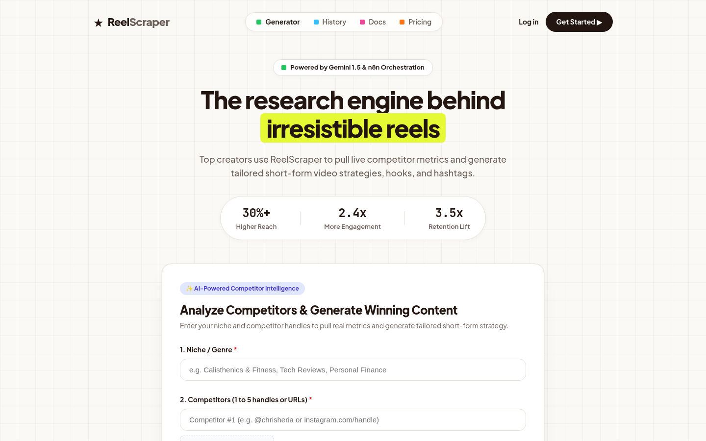 Reel Scraper webpage screenshot